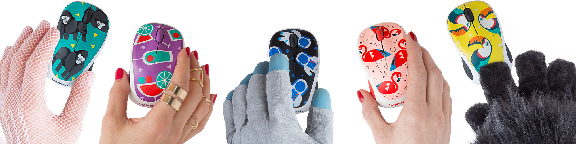 Woman’s lace-gloved hand using Gorilla mouse; Woman’s hand using Cocktail mouse; Spaceman’s hand using Spaceman mouse; Woman’s hand using Flamingo mouse; Gorillas hand using Toucan mouse