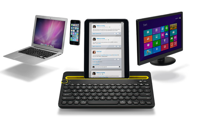 K480 avec Macbook, moniteur avec écran Windows, iPhone et tablette