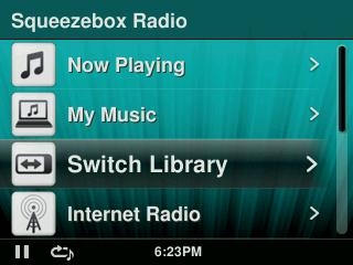 SqueezeboxRadio_HomeMenuShowingSwitchLibrary.jpg
