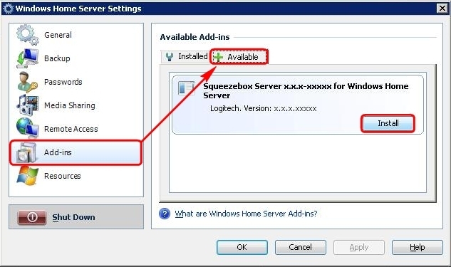 SqueezeboxServer_HomeServer_Settings_AddInsAvailableInstall.jpg