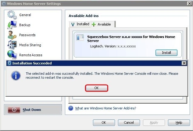 SqueezeboxServer_HomeServer_Settings_InstallSuccessful.jpg