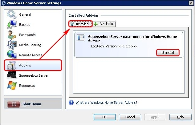 SqueezeboxServer_HomeServer_Settings_AddInsInstalledUninstall.jpg