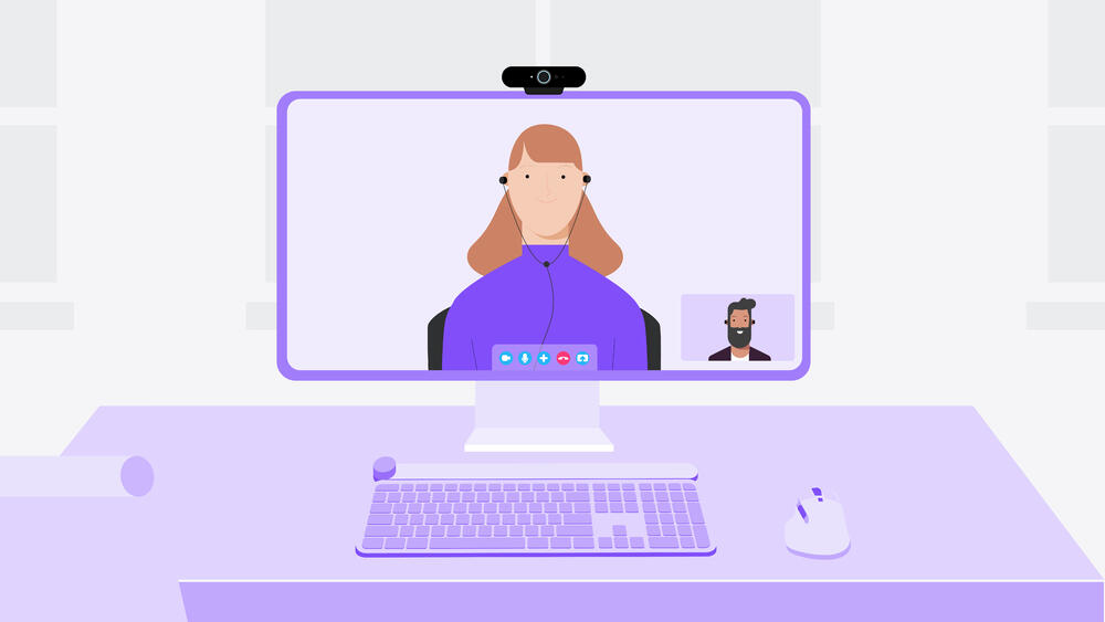 Um desenho de um homem em um monitor de videoconferência