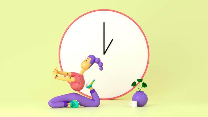 Illustrasjon av en person som trener yoga med en klokke i bakgrunnen