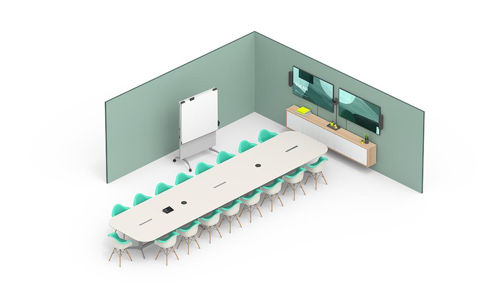 Illustration of large conference room setup with tap