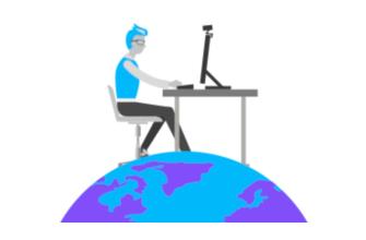 Illustration of person working at desk sitting on top of globe