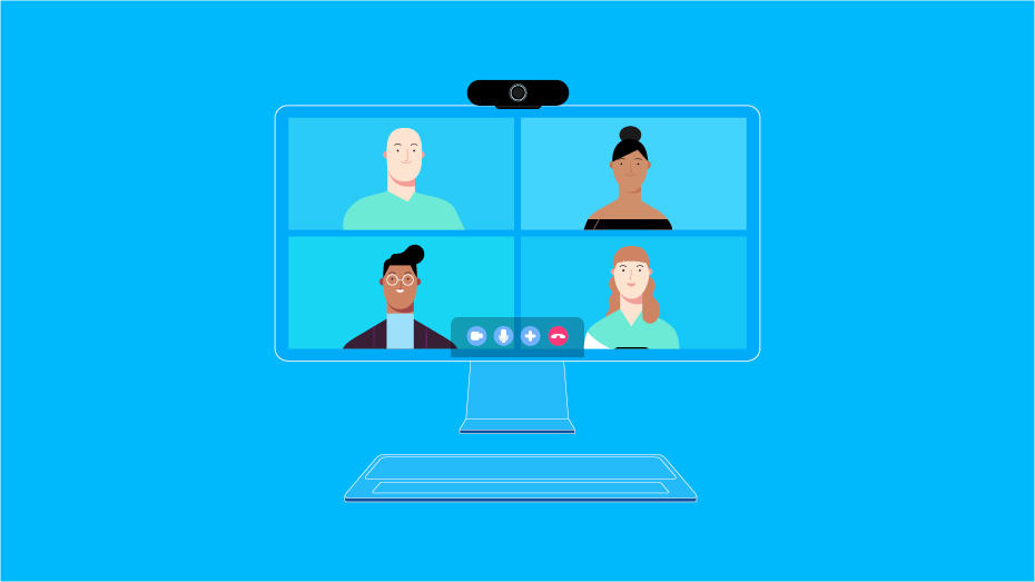 Ilustración de cuatro asistentes a una videoconferencia con productos logitech