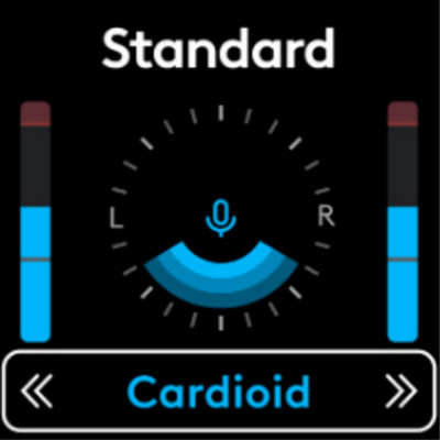 Screen displaying Cardioid selected, with a mic icon in the middle and blue shaded region in front of the mic.