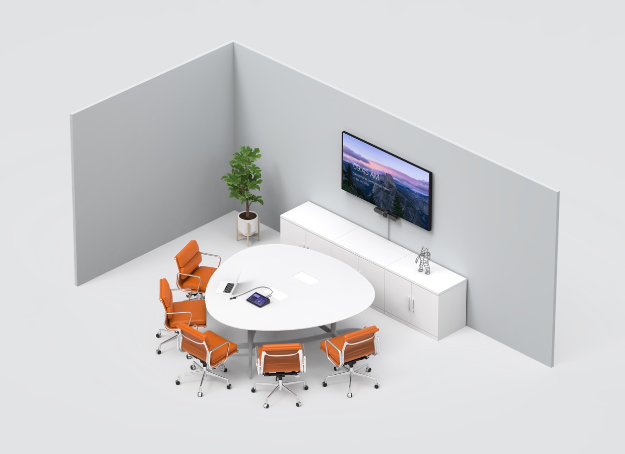 配备 Lenovo thinksmart tiny 和罗技 TP100 会议室解决方案的会议室