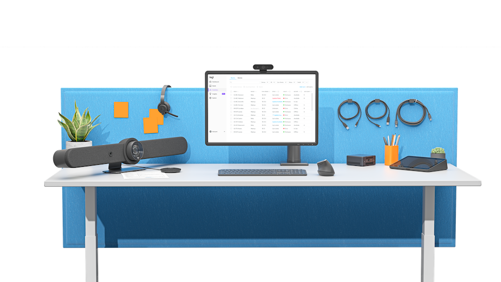 Illustration of videoconferencing setup on a small desk